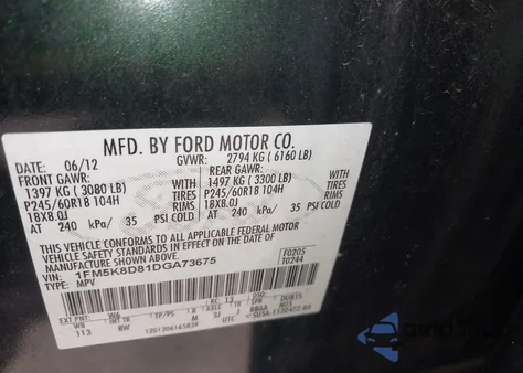 2013 Ford Explorer Xlt из США, поврежденный, VIN 1FM5K8D81DGA73675